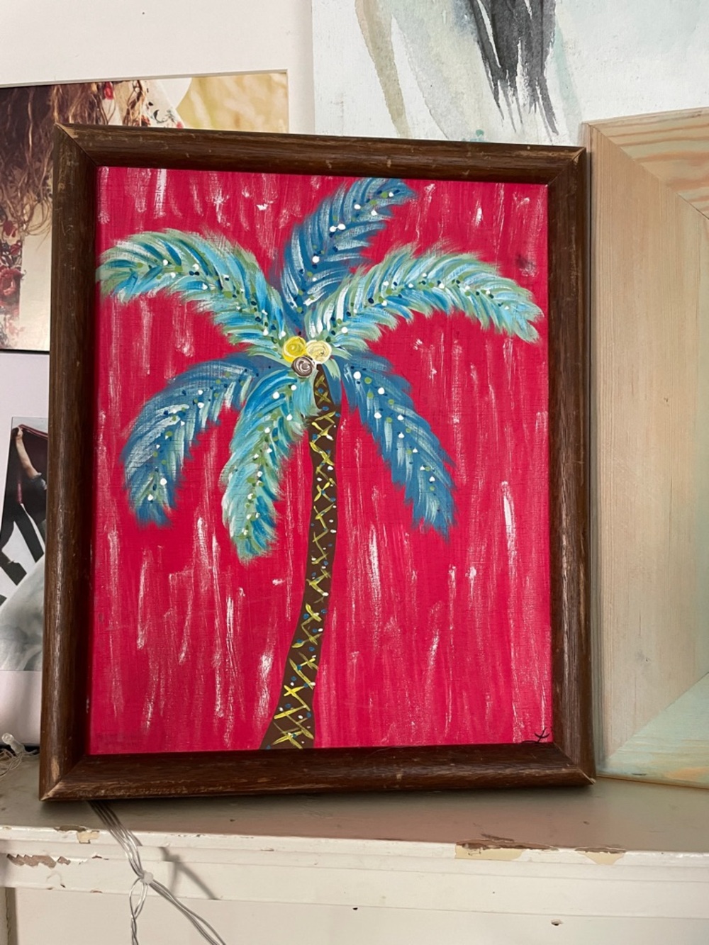 Hand-Painted Blue Palm Tree on Red Background - Unbranded Home Art